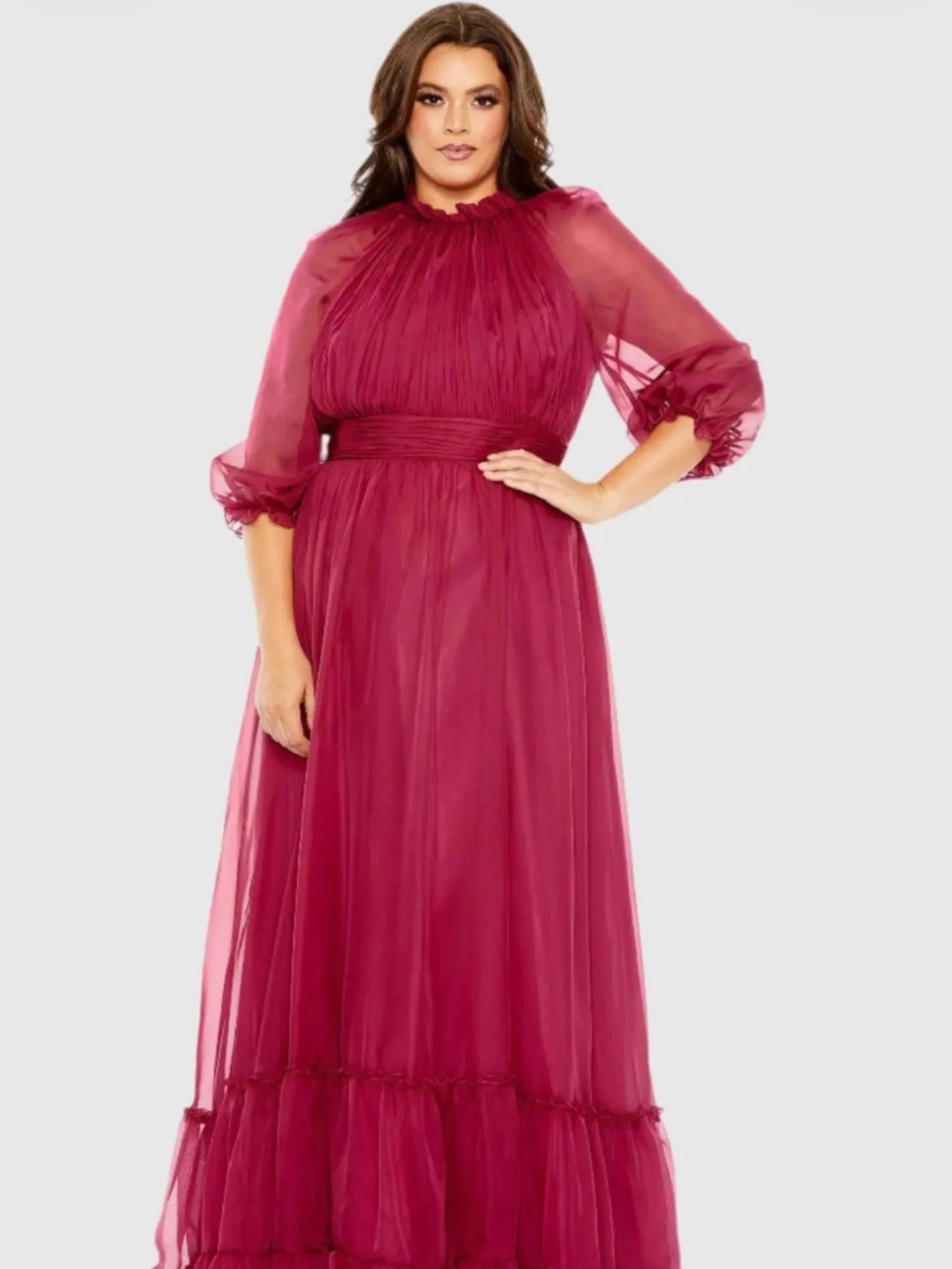 Mac Duggal High-Neck Chiffon Dress with Puff Sleeves